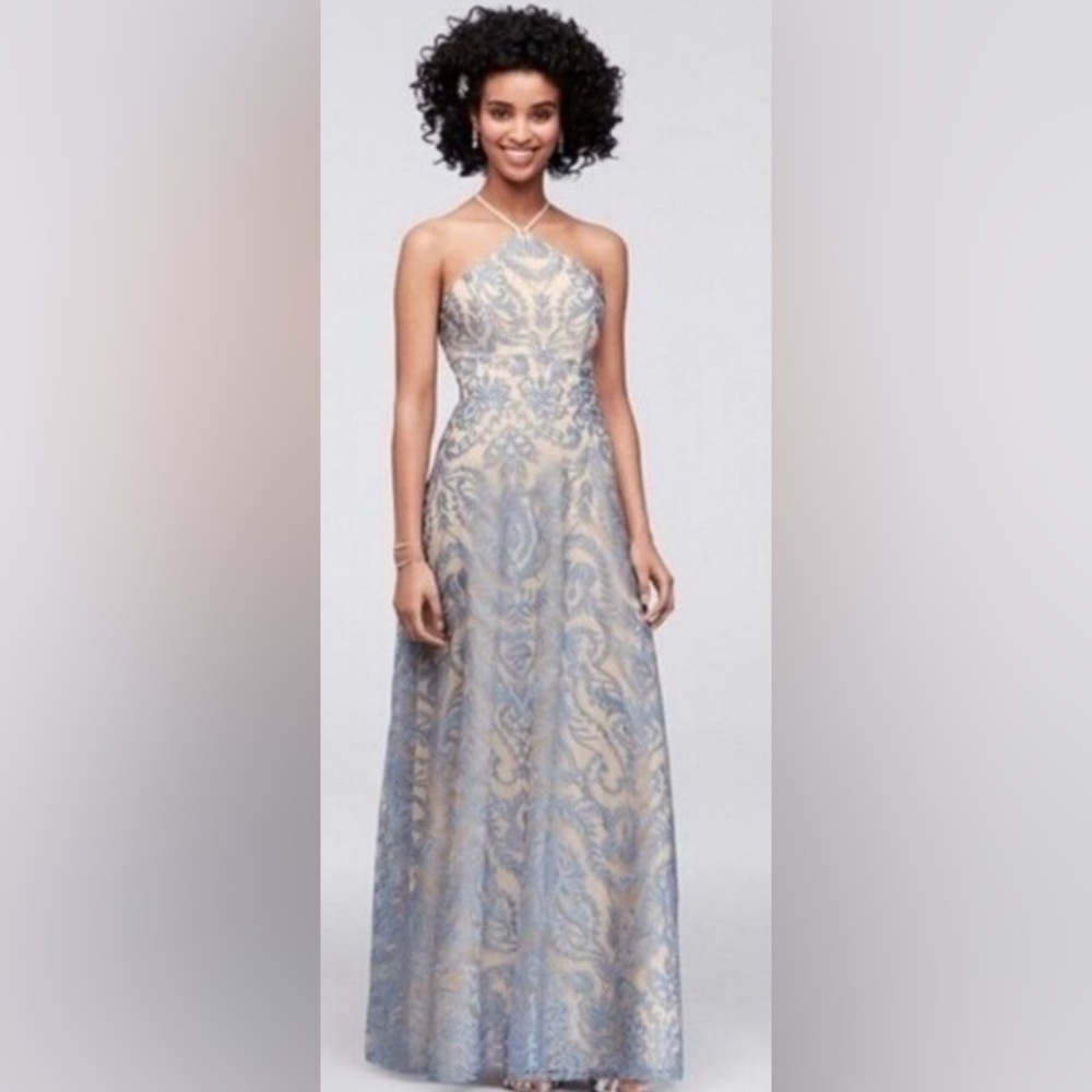 Blue and Cream Floral Halter Gown/ Prom Dress